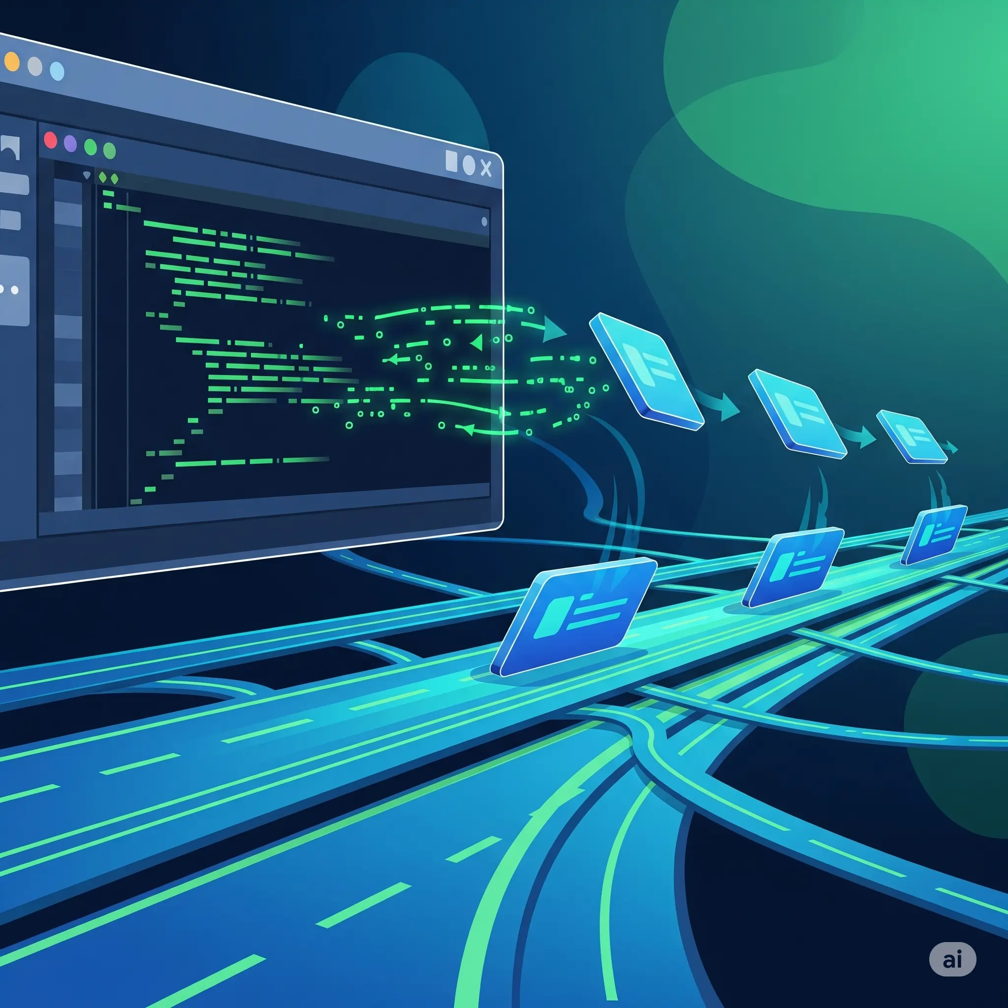 An abstract network grid with glowing data packets and security shields, representing the intersection of networking and security.